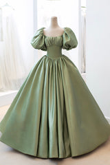 Green Satin Puff Sleeves Long Prom Dress, Green A-Line Formal Dress