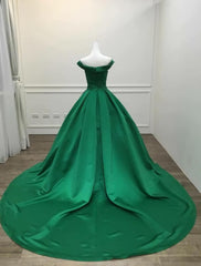 Green Satin Sweetheart Ball Gown Party Dress, Green Off Shoulder Evening Dress Prom Dress