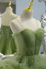 Green Spaghetti Straps Tulle Layers Long Formal Dress, Green Evening Party Dress