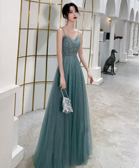 Green Sweetheart Neck Tulle Sequin Long Prom Dress, Tulle Graduation Dress