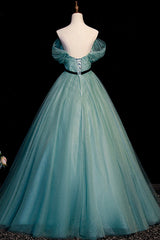 Green Tulle A-Line Off Shoulder Party Dress, Simple Long Prom Dress