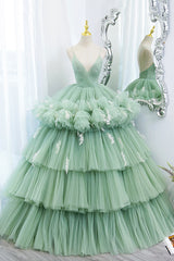 Green Tulle Long A-Line Prom Dress, Green V-Neck Formal Evening Gown