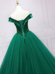 Green Tulle Off Shoulder Tulle Beads Long Prom Dress, Green Formal Graduation Dresses