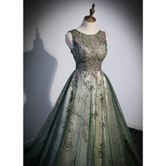 Green Tulle Round Neckline Long Party Dress, Green Lace Prom Dress