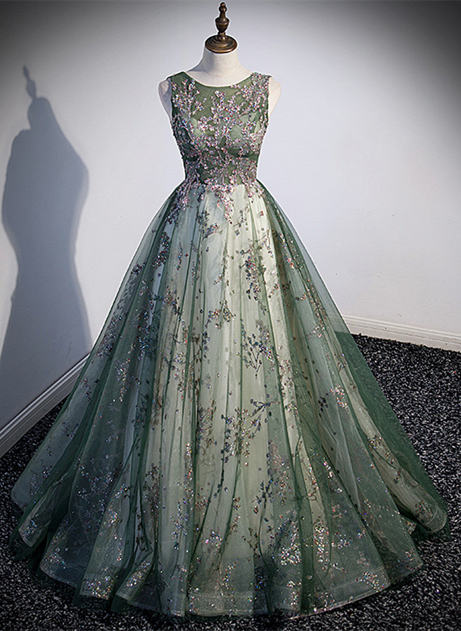 Green Tulle Round Neckline Long Party Dress, Green Lace Prom Dress