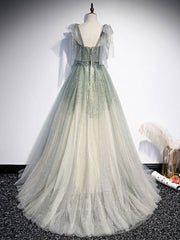 Green tulle sequin beads long prom dress, green tulle formal dress