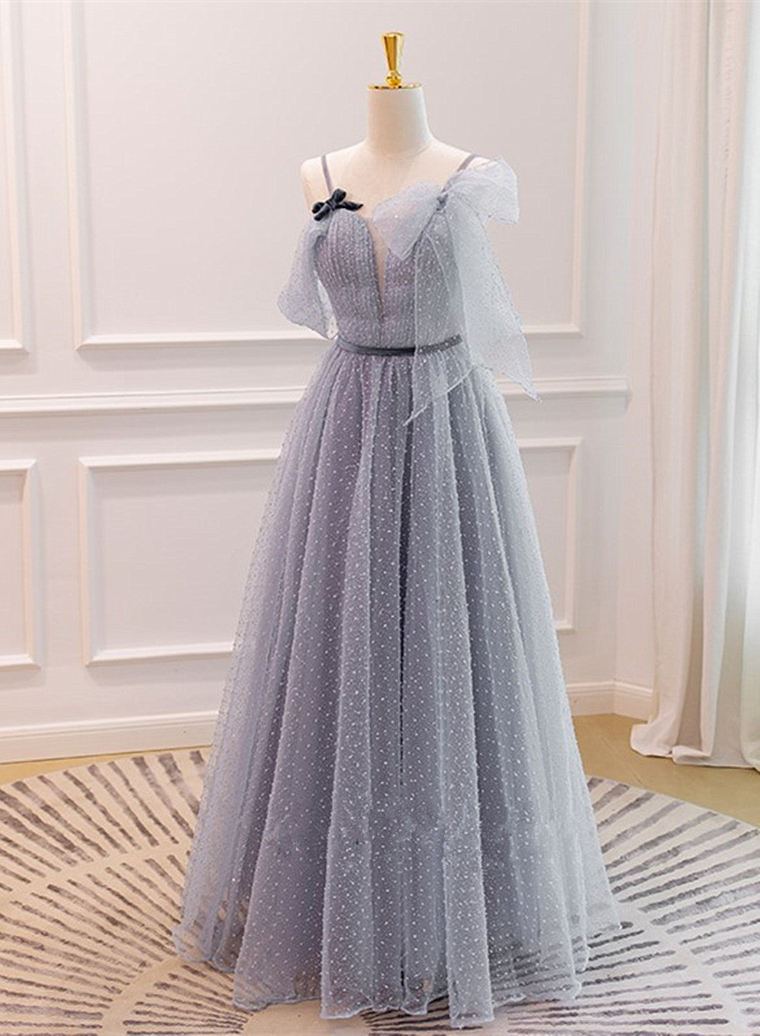 Grey A-line Straps Tulle Floor Length Party Dress, Grey Evening Dress Graduation Dress