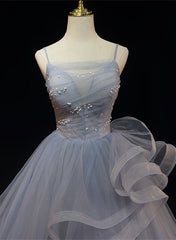 Grey Tulle Straps Layers Long Prom Dress Party Dress, Grey Ball Gown Formal Dress