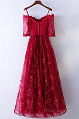 Half Sleeves Burgundy Lace Prom Dresses, Wine Red Half Sleeves Long Lace Formal Evening Dresses