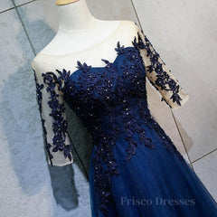 Half Sleeves Navy Blue Long Lace Prom Dresses, Dark Navy Blue Long Lace Formal Bridesmaid Dresses