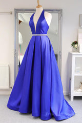 Halter V Neck Backless Blue Long Prom Dresses with Belt, Backless Blue Formal Evening Dresses