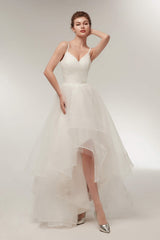 High Low Spaghetti Straps Minimalist Design Wedding Dresses