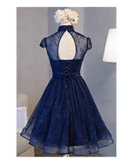 High Neck Homecoming Dress, Lace Dark Navy Lace-up Short Prom Dress