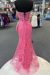 Hot Pink Mermaid Lace Prom Dresses, Hot Pink Mermaid Lace Formal Evening Dresses