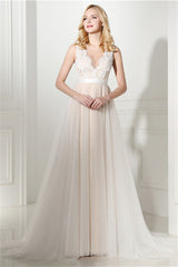 Ivory Tulle Lace Scoop Neck Floor Length Wedding Dresses