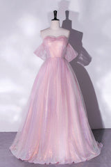 Pink Tulle Sequins Long Prom Dress, A-Line Formal Graduation Dress