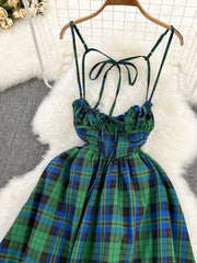 Lovely Green Plaid Halter Dress, A-Line Fashion Dress