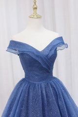 Blue Off the Shoulder Long Party Dress Evening Gown, Blue Junior Prom Dress