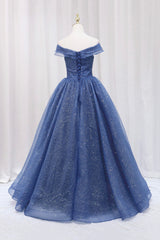Blue Off the Shoulder Long Party Dress Evening Gown, Blue Junior Prom Dress