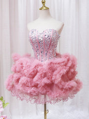 Pink Sweetheart Neckline Tulle Short Prom Dress with Rhinestones, Cute Party Dress