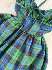 Lovely Green Plaid Halter Dress, A-Line Fashion Dress