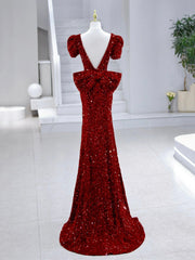 Mermaid Sequins Long Prom Dress, Burgundy V-Neck Evening Dress