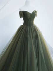 Green Tulle Long Prom Dress, A-Line Off Shoulder Evening Dress