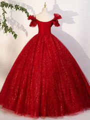 Red Tulle Long A-Line Ball Gown, Red Off Shoulder Formal Dress