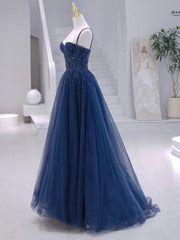 Blue Tulle Beaded Long Formal Dress, Blue Evening Dress