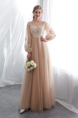 Lantern Sleeve Champagne Appliques Long Prom Dresses