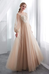 Lantern Sleeve Champagne Appliques Long Prom Dresses