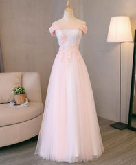 Light Pink Lace Off Shoulder Lonng Prom Dress, Pink Evening Dress