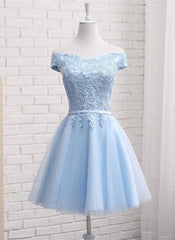 Light Blue Off Shoulder Tulle Party Dress, Blue Homecoming Dresses