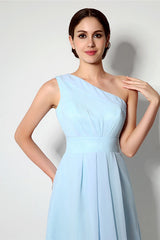 Light Blue One Shoulder Chiffon Knee Length Homecoming Dresses