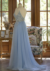 Light Blue Tulle V-neckline Straps with Lace Long Party Dress, Blue A-line Prom Dress