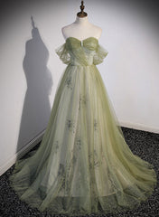 Light Green Sweetheart Tulle Beaded Party Dress, Green Long Prom Dress