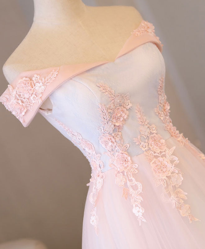 Light Pink Lace Off Shoulder Long Prom Dress, Pink Evening Dress