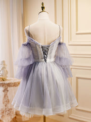 Light Purple A-Line Tulle Lace Short Prom Dresses, Light Purple Homecoming Dresses