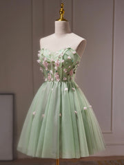 Green Tulle Beaded Party Dress, Green Short Prom Dress with Flowers