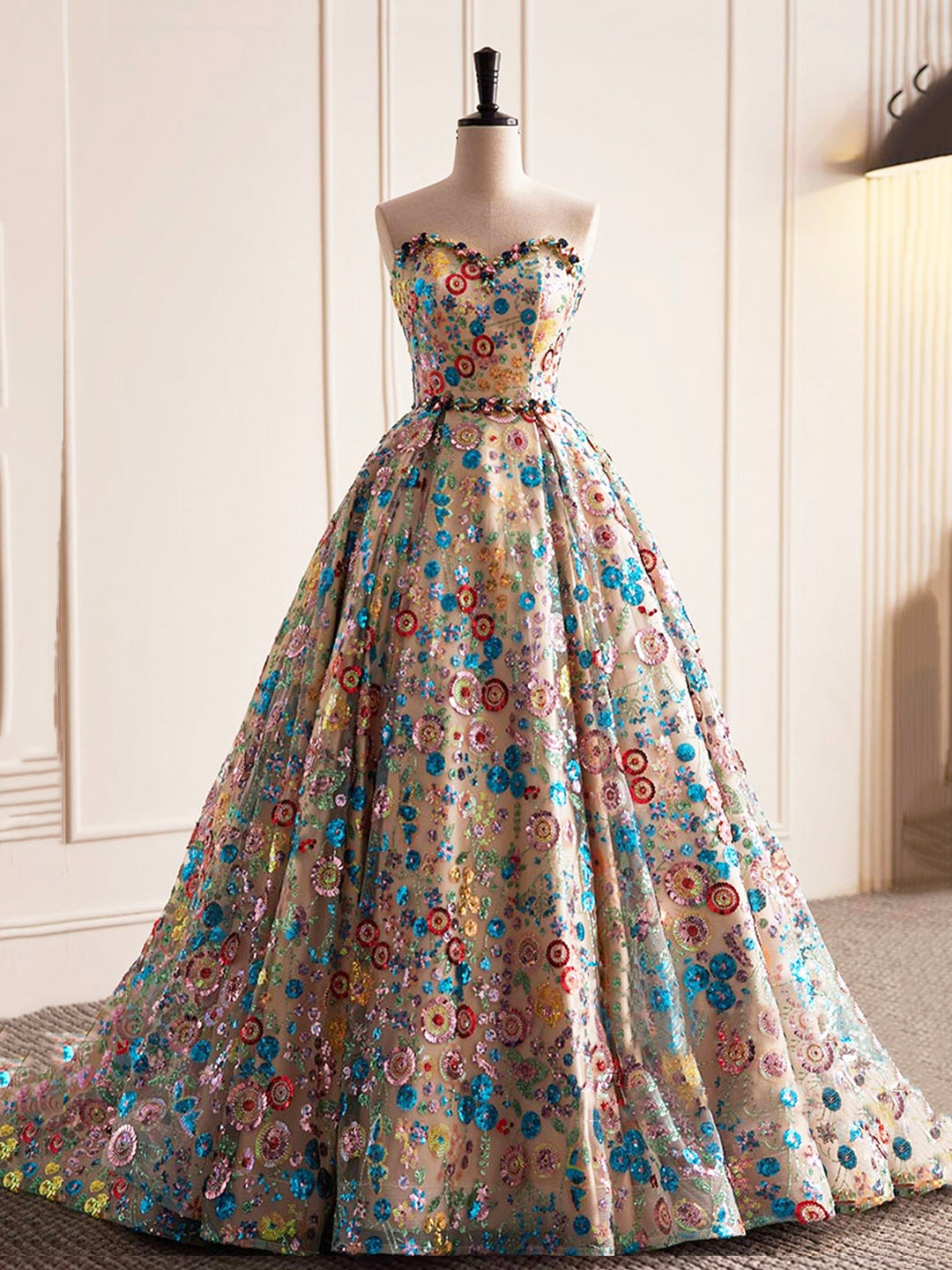 Beautiful Sequins Strapless Long Prom Dress, A-Line Evening Dress Party Dress
