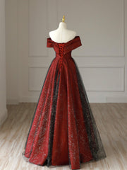 Burgundy Satin Long V-Neck Prom Dress, Off the Shoulder Party Dress