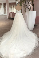 Long A-Line Sweetheart Backless Tulle Appliques Lace Wedding Dress