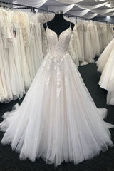 Long A-line Sweetheart Tulle Lace Spaghetti Straps Wedding Dress