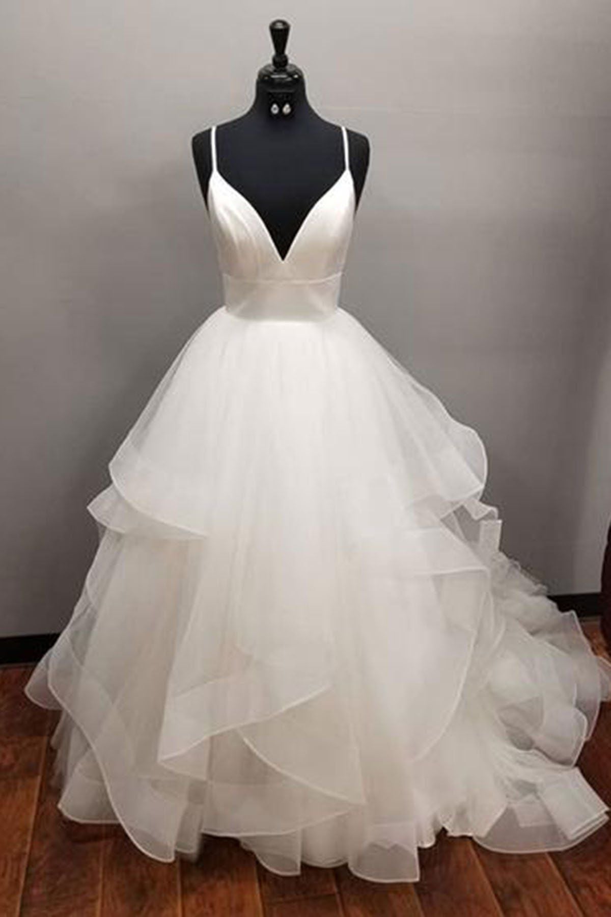 Long A-line V-neck Tulle Backless Wedding Dress