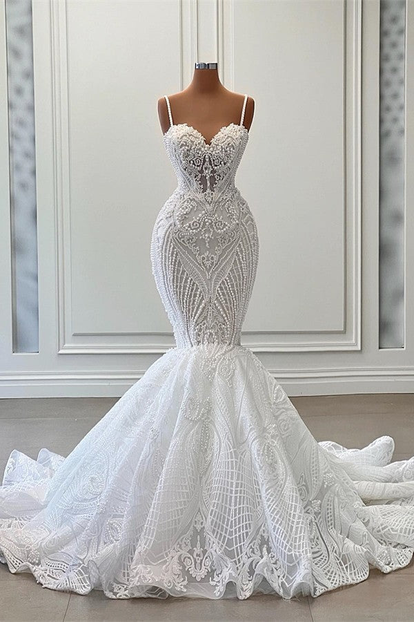 Long Mermaid Sweetheart Spaghetti Straps Tulle Beading Wedding Dress with Ruffles