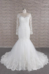 Long Sleeve Mermaid Sweetheart Appliques Lace Backless Wedding Dress