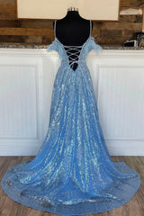 Blue Spaghetti Strap Sequined Lace Prom Dress, Blue Lace-Up Evening Dress