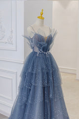 Blue Tulle Layers Straps Beaded Long Prom Dresses, A-Line Evening Dresses