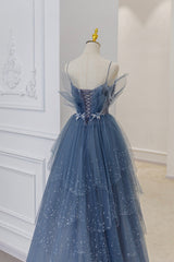 Blue Tulle Layers Straps Beaded Long Prom Dresses, A-Line Evening Dresses