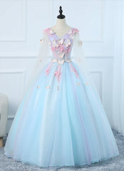 Lovely Light Blue Tulle PLong Formal Gown Party Dress, Blue Sweet 16 Dresses